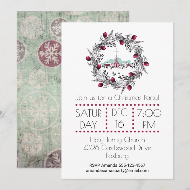 Vintage Winter Church Scene with Christmas Wreath Invitation (Front/Back)
