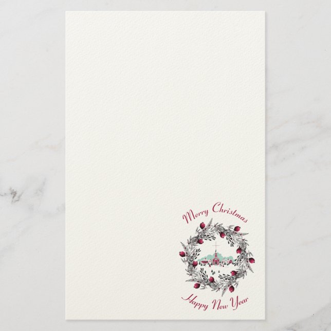 Vintage Winter Church Scene with Christmas Wreath Stationery (Front)