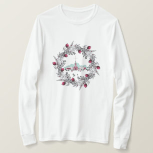 Vintage Winter Church Scene with Christmas Wreath T-Shirt