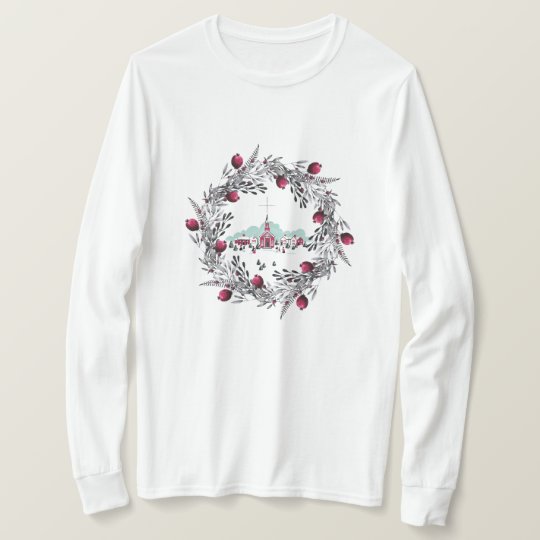 Vintage Winter Church Scene with Christmas Wreath T-Shirt