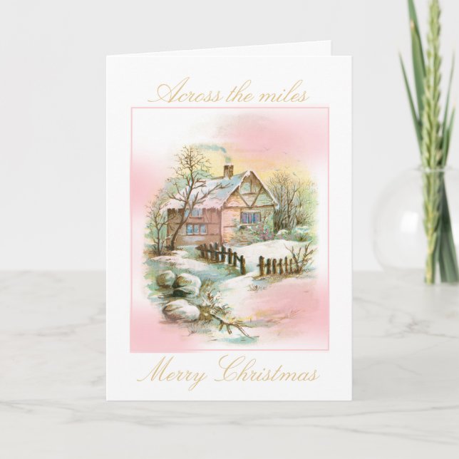 Vintage Winter Cottage Pink and Gold Christmas Card (Front)
