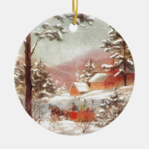 Vintage Winter Country Scene Ceramic Tree Decoration
