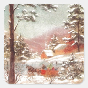 Vintage Winter Country Scene Square Sticker