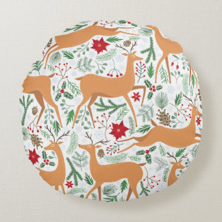 Vintage winter deer seamless pattern. Christmas ba Round Cushion