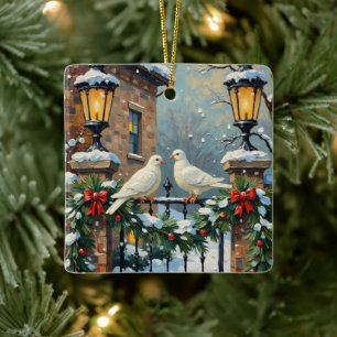 Vintage Winter Doves at Lantern-Lit Gate Christmas Ceramic Ornament