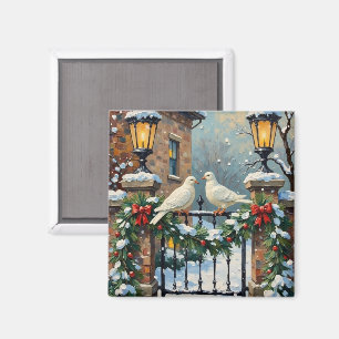Vintage Winter Doves at Lantern-Lit Gate Christmas Magnet