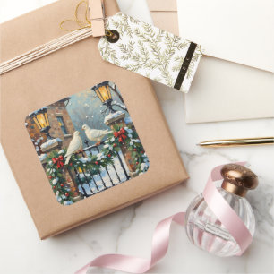 Vintage Winter Doves at Lantern-Lit Gate Christmas Square Sticker