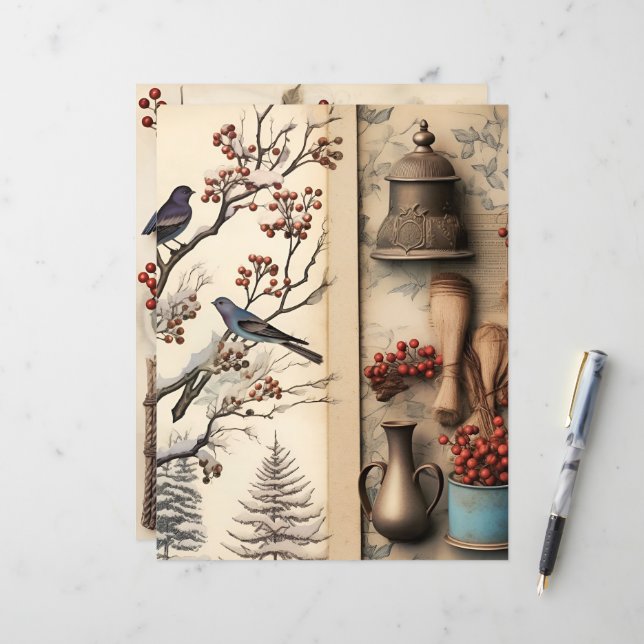 Vintage Winter Ephemera Scrapbook Paper (Front/Back In Situ)