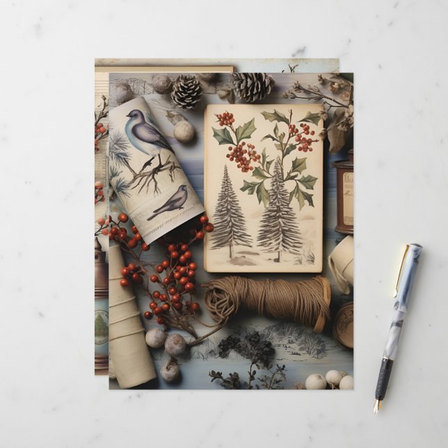 Vintage Winter Ephemera Scrapbook Paper (Front/Back In Situ)