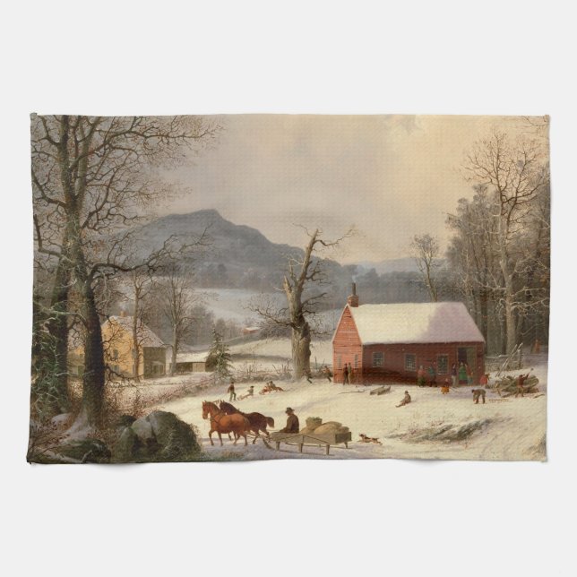 Vintage Winter Farm house Tea Towel (Horizontal)