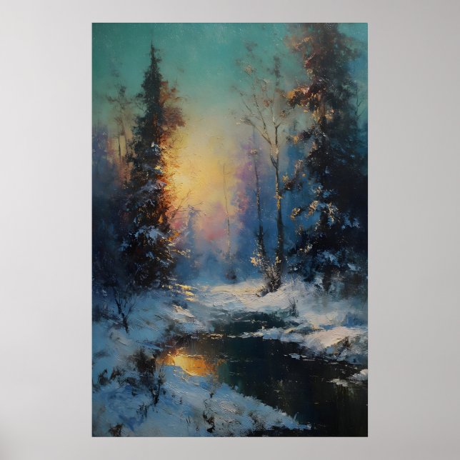 Vintage Winter Forest Print, Rustic Snowy Poster (Front)
