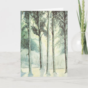 Vintage winter, frosted forest holiday card