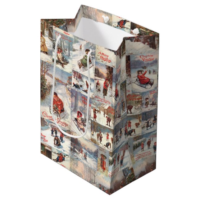 Vintage Winter Fun Christmas Collage Medium Gift Bag (Front Angled)