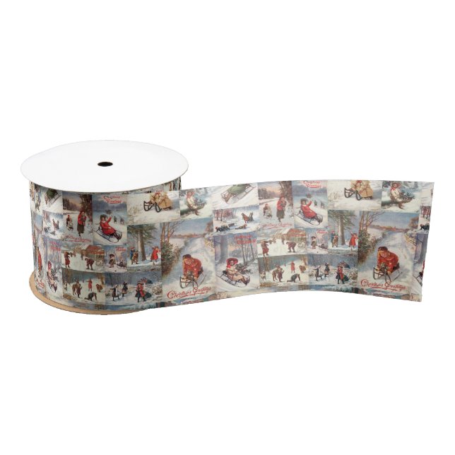 Vintage Winter Fun Christmas Collage Satin Ribbon (Spool)