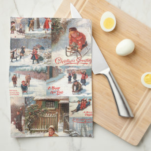 Vintage Winter Fun Christmas Collage Tea Towel