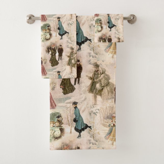 Vintage Winter Fun Snow Scenes Bath Towel Set (Insitu)