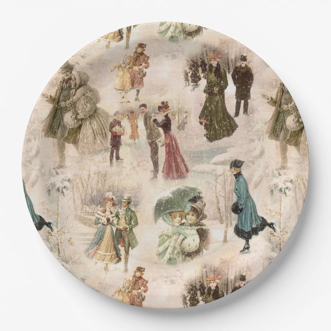 Vintage Winter Fun Snow Scenes Paper Plate (Front)