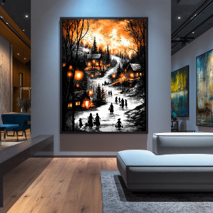 Vintage Winter Glow – Lantern-Lit Village Poster