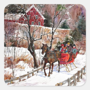 Vintage Winter Horse and Sleigh Square Sticker
