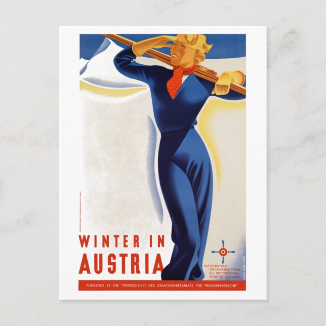 Vintage Winter in Austria Ski Travel Poster Postcard (Front)