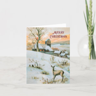 Vintage winter landscape with deer Christmas card
