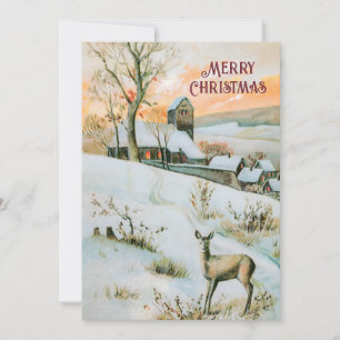 Vintage winter landscape with deer Christmas card