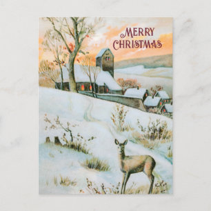 Vintage winter landscape with deer Christmas Holiday Postcard