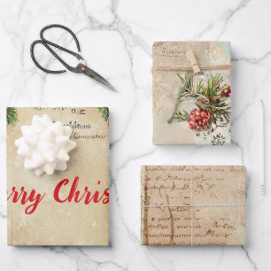 Vintage Winter Merry Christmas Pine Tree Red Wrapping Paper Sheet
