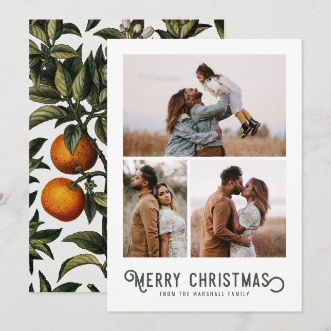Vintage Winter Oranges 3 Photo Collage Christmas Holiday Card (Front/Back)
