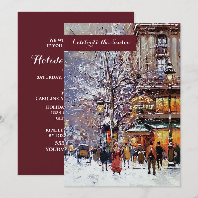Vintage Winter Parisian Scene Holiday Party  Invitation (Front/Back)