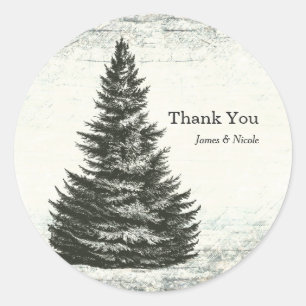 Vintage Winter Pine Tree Rustic Wood Wedding Favou Classic Round Sticker