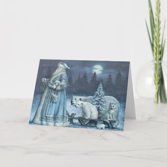 Vintage Winter Santa With Polar Bears Holiday Card (Front)