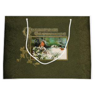 Vintage Winter Scene and Christmas Greeting Large Gift Bag