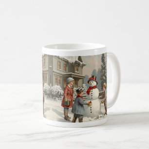 Vintage Winter Scene: Children Building a Snowman Coffee Mug