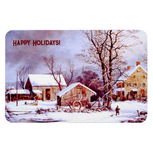 Vintage Winter Scene. Christmas Gift Magnet