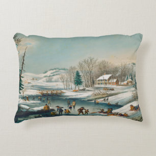 Vintage Winter Scene Ice Skating Holiday Christmas Decorative Cushion