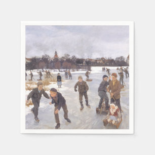 Vintage Winter Scene Oil Painting Ice Skating Fun Napkin