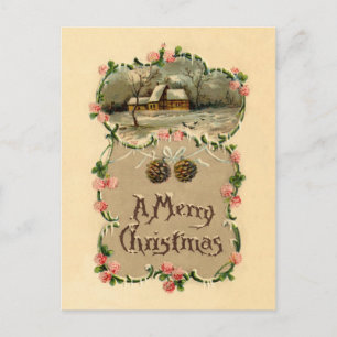 Vintage Winter Scene w/Floral Border Postcard