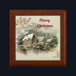 Vintage Winter Scene Wooden Keepsake Box<br><div class="desc">Pretty,  vintage picture of a winter scene of a village covered in snow,  with a message,  "Merry Christmas",  is featured on this wooden gift box. A lovely way to present a gift of jewellery or use to hold rings,  coins and other small keepsakes. Perfect for Christmas gift giving!</div>