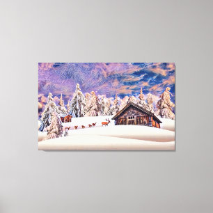 Vintage Winter Scenery Reindeer Log Cabin Painting Canvas Print