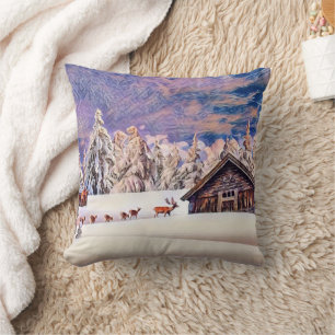 Vintage Winter Scenery Reindeer Log Cabin Painting Cushion