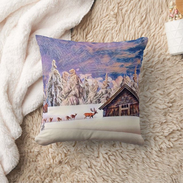 Vintage Winter Scenery Reindeer Log Cabin Painting Cushion (Blanket)