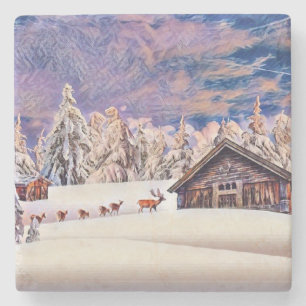 Vintage Winter Scenery Reindeer Log Cabin Painting Stone Coaster