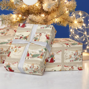 Vintage Winter Scenes with Joyful Children Wrapping Paper