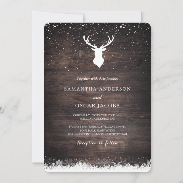 Vintage Winter Simple Deer & Snowflaks Wedding Inv Invitation (Front)
