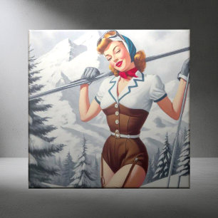 Vintage Winter Ski Pin-Up Tile