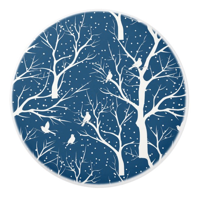 Vintage Winter Sky White Birds Snowflakes Ceramic Knob (Front)