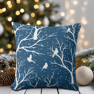 Vintage Winter Sky White Birds Snowflakes Cushion