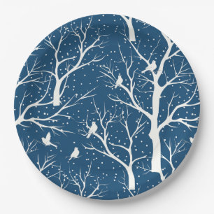 Vintage Winter Sky White Birds Snowflakes Paper Plate