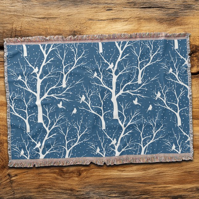 Vintage Winter Sky White Birds Snowflakes Throw Blanket (Creator Uploaded)
